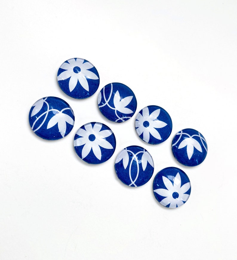 Blue and White Flower Magnet set, glass magnets, cute magnets, fun and colorful, back to school, fridge magnets, bold print, navy image 2