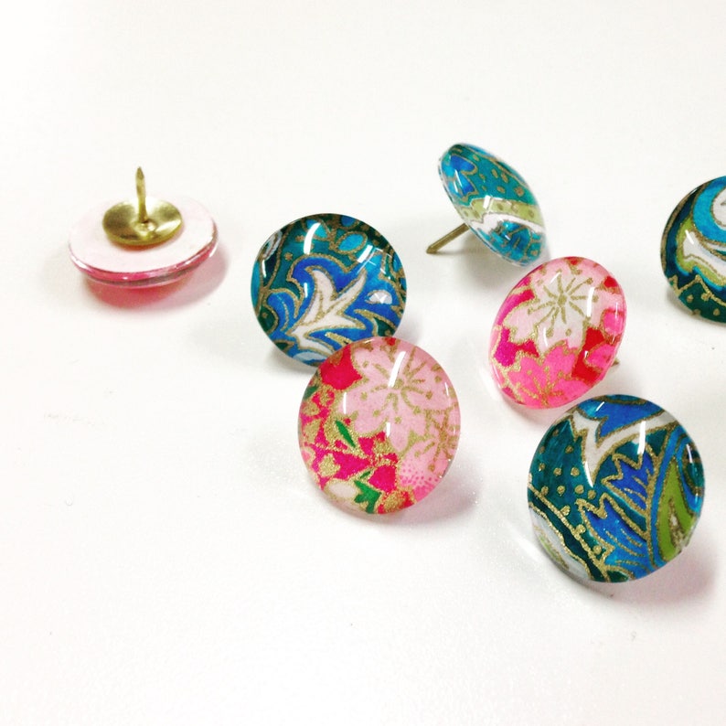 MOST POPULAR. Mixed Bag. set of 4 or 8 cute Glass Magnets / Push Pins, Japanese yuzen Chiyogami paper, colorful pretty floral Fridge Magnets image 4