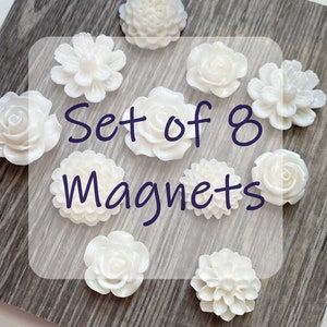 White Flower Magnet Set, White resin flower Magnets, strong fridge magnets, gift for gardener, magnet set, garden club gift, white magnets image 2