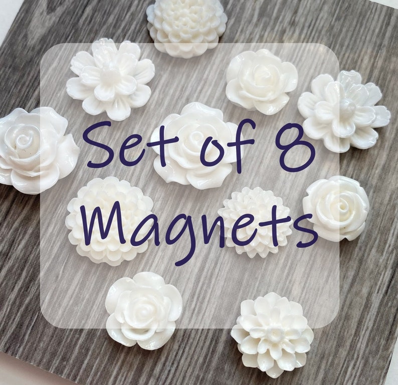 White Flower Magnet Set, White resin flower Magnets, strong fridge magnets, gift for gardener, magnet set, garden club gift, white magnets image 2