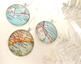 Custom Vintage Map Christmas Ornament, you choose the location, made to order Xmas Gift, box included, map gift, travel, souvenir, holiday