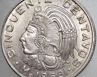 1964-1983 50 Centavos Aztec Coyolxauhqui / 1964 Un 1 Peso / 1982 Mexico 50 Pesos Coin