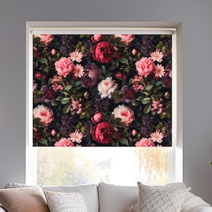 Vintage Floral Roller Shade for Dining Room, Dark Floral Window Blind for Door, Custom Size Window Treatment, Printed Curtains Blind Bedroom