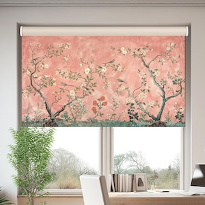 Pink Chinoiserie Roller Shades for Bay Windows, Custom Floral Window Blind, Oriental Crane Roller Blind, Blackout Window Treatments for Door