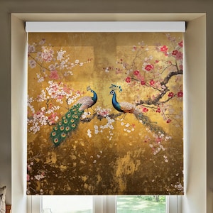 Peacock Roller Shades, Chinoiserie Blinds, Window Treatments for Sliding Doors, Gold Floral Blackout Window Blind, Custom Size Curtain