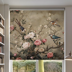 Chinoiserie Birds and Floral Roller Shade, Outdoor Window Shades, Custom Printed Curtains for Living Room, Cordless Roller Shades for Window