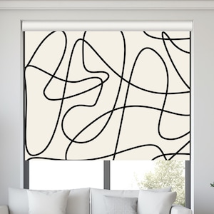 Estor con diseño de líneas abstractas, estor minimalista en beige y negro, estor moderno personalizado con filtrado de luz, tratamiento de ventanas, persiana