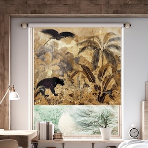 Jungle Night Roller Shades, Exotic Window Treatments, Horizontal Blinds for Wide Window, Blackout Motorised Window Treatment for Living Room