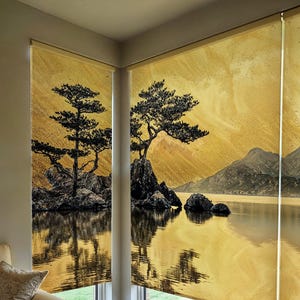Black and Gold Chinoiserie Roller Blind, Japanese Roller Blind for Window, Custom Blackout Shades, Golden Landscape Roller Shade for Outdoor
