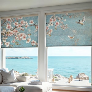 Chinoiserie Roller Shade for Door, Cherry Blossom Shade, Floral Roller Blind, Blackout Window Shade for Patio, Light Filtering Roller Blinds