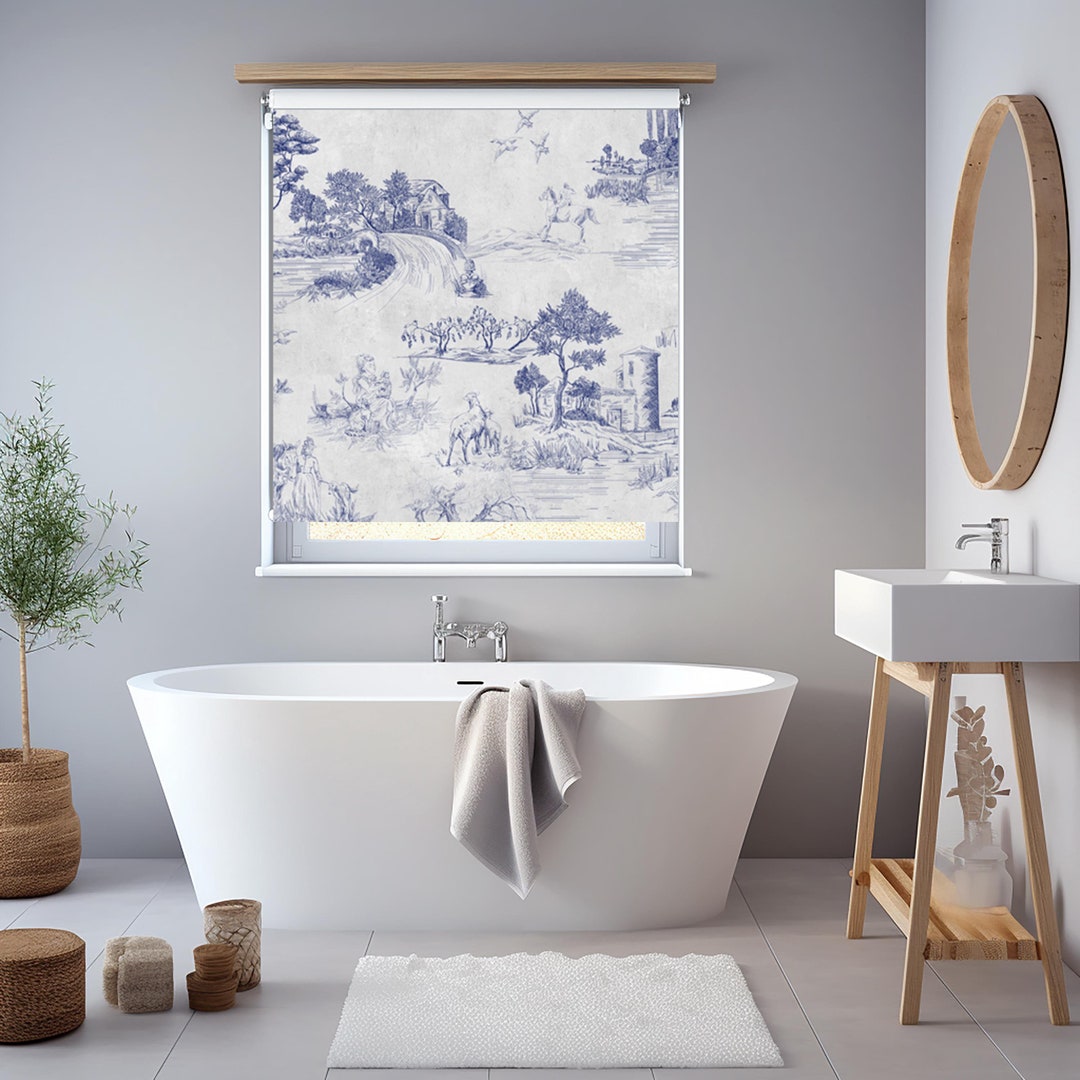 Classic Blue Toile Roller Shade, French Country Style Blinds, Elegant