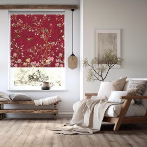Red Chinoiserie Floral Roller Shades, Custom Window Treatments for Bedroom, Motorised Window Blind for Windows, Cordless Roller Shade Custom