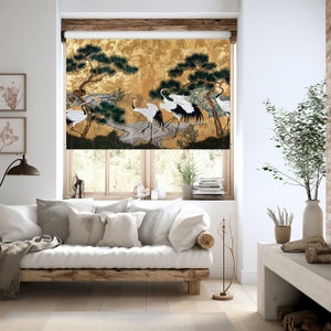 Japanese Crane Art Roller Shades, Printed Roller Blinds for Windows, Vintage Window Curtains Blackout, Outdoor Blinds Pull, Blinds for Doors