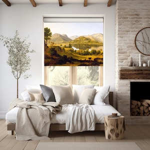 Landscape Roller Shade with Mountain Scene for Living Room, Bathroom Window Blinds, Linen Window Treatments, Print Roller Blinds for Kitchen