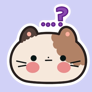 May include: A cartoon illustration of a white cat with brown patches, wearing a confused expression. The cat has a question mark above its head and a series of dots above the question mark.