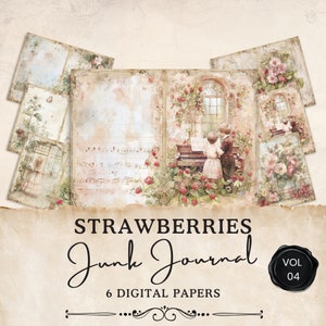 Pages vintage de journal indésirable aux fraises | 6 feuilles de collage floral numérique | Éphémères imprimables | Créations en papier | 11 x 8,5 | JJ022