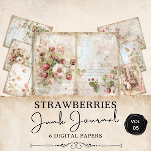 Pages vintage de journal indésirable aux fraises | 6 feuilles de collage floral numérique | Éphémères imprimables | Créations en papier | 11 x 8,5 | JJ022
