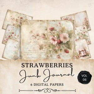 Pages vintage de journal indésirable aux fraises | 6 feuilles de collage floral numérique | Éphémères imprimables | Créations en papier | 11 x 8,5 | JJ022
