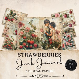 Pages vintage de journal indésirable aux fraises | 6 feuilles de collage floral numérique | Éphémères imprimables | Créations en papier | 11 x 8,5 | JJ022