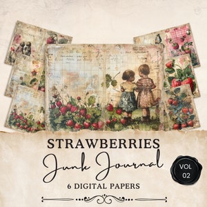 Pages vintage de journal indésirable aux fraises | 6 feuilles de collage floral numérique | Éphémères imprimables | Créations en papier | 11 x 8,5 | JJ022