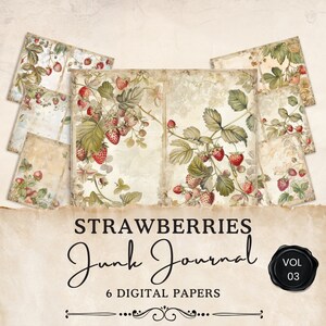 Pages vintage de journal indésirable aux fraises | 6 feuilles de collage floral numérique | Éphémères imprimables | Créations en papier | 11 x 8,5 | JJ022