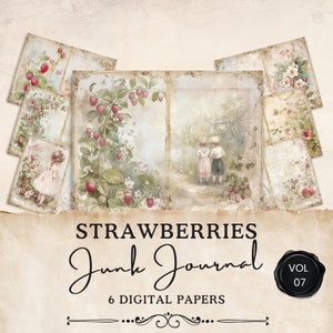 Pages vintage de journal indésirable aux fraises | 6 feuilles de collage floral numérique | Éphémères imprimables | Créations en papier | 11 x 8,5 | JJ022