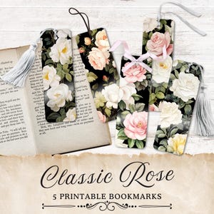 Printable Floral Bookmark, White Roses on Black Print Bookmarks, Print at Home, Cute Book Lover Gifts, Print and Cut, Reading Mood