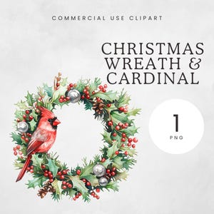 Winterkranz mit Vogel Clipart, Weihnachtskranz PNG, Stechpalme mit rotem Kardinal, Winter Clip Art, Aquarell Vogel Illustration, Weihnachtsgrafik