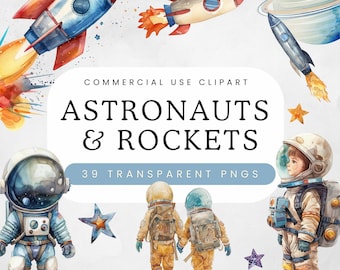Astronaut and Rocket Clipart | Commercial Use | Watercolor Space Bundle | Space Birthday Party | Nursery Wall Art |