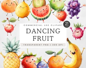 Dancing Fruit PNG, Cute Cartoon Fruit Clipart, Kids Birthday Party Invitation Clip Art, Watercolor Happy Fruit Graphics, Kawaii Banana