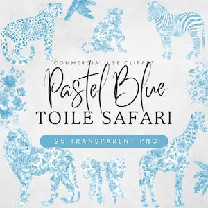 Toile Safari babyshower pastelblauw | Franse Toile De Juoy | Chinoiserie Afrikaanse wilde dieren | Elegant bloemendecor | Commercieel gebruik