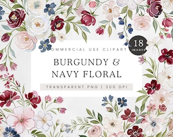 Burgundy and Navy Floral Clipart, Wedding Flowers Clip Art, Maroon Flowers PNG, Roses and Sweet Pea Bouquets, Floral Invitation Frame