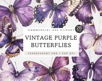 Purple Butterfly Clipart, Vintage Butterfly Illustration, Watercolor Pastel Butterflies PNG, Pretty Spring Nature Clip Art, Insect Clip Art
