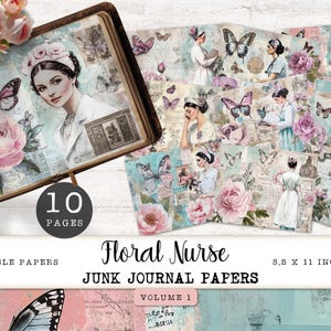 Krankenschwester Junk Journal, Digitale Papiere, 10 druckbare Seiten, Lila Blumen Collage Sheet, Vintage Papier Handwerk 11 x 8,5 JJPHB Bild 1