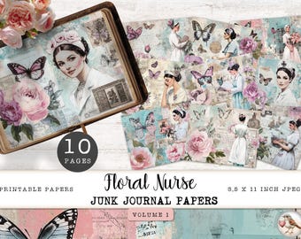 Nurse Junk Journal Digital Papers, 10 Nursing Printable Pages, Purple Floral Collage Sheet, Vintage Paper Craft 11 x 8.5 JJPHB