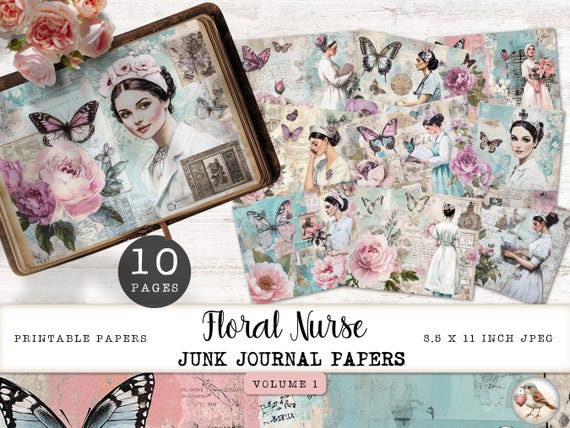 Nurse Junk Journal Digital Papers, 10 Nursing Printable Pages, Purple Floral Collage Sheet, Vintage Paper Craft 11 x 8.5 JJPHB