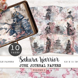 Papeles digitales para diario basura samurái, 10 páginas imprimibles de guerreros Sakura, hoja de collage de flores de cerezo japonesas, manualidades de papel de 11 x 8,5 JJPSW