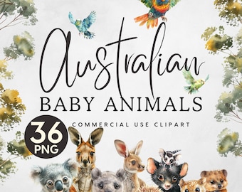 Clipart di cuccioli australiani / Stampa per bambini PNG / Koala e canguro / Licenza commerciale / Download immediato