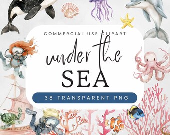 Baby Shower Under the Sea Clipart | Ocean Nursery | Undersea Watercolor PNG | Cute Sea Animals For Kids | Commercial Use
