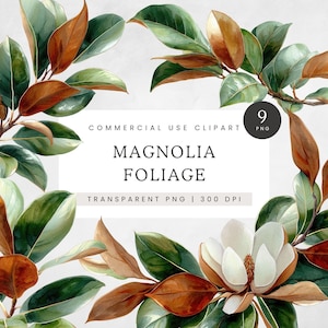 Magnolia Foliage Clipart, Green & Rust Greenery Clip Art, Magnolia Leaves PNG, Floral Botanical Images, Magnolia Branches Digital Download