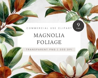 Magnolia Foliage Clipart, Green & Rust Greenery Clip Art, Magnolia Leaves PNG, Floral Botanical Images, Magnolia Branches Digital Download