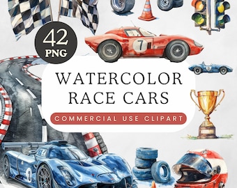 Race Car Clipart Pack | Boy Birthday Party PNG Two Fast | Watercolor Blue & Red Cars | Numbers, Flags, Race Track | Commercial Use