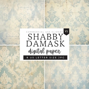 Damask Pattern Digital Paper, Pastel Blue Shabby Chic Distressed Texture Patterns, Scrapbooking Paper Decoupage Ephemera, Fleur De Lis