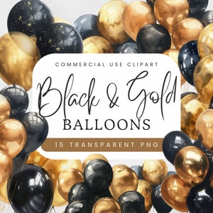 Black and Gold Balloon Clipart | Birthday Glitter Png | Black & Gold Balloons | Celebrations, Invitations | Commercial Use