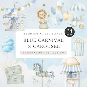 Blue Carousel Watercolor Clipart, Pastel Blue Carnival Clip Art, Whimsical Animals PNG, Pony Carousel Images, Lion & Swan Graphics