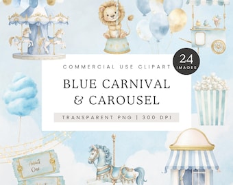 Blue Carousel Watercolor Clipart, Pastel Blue Carnival Clip Art, Whimsical Animals PNG, Pony Carousel Images, Lion & Swan Graphics
