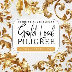 Gold Filigree Clipart | Gold Leaf Botanical Flourishes | Digital Download Design Elements | Transparent PNG | Decorative Frame or Border