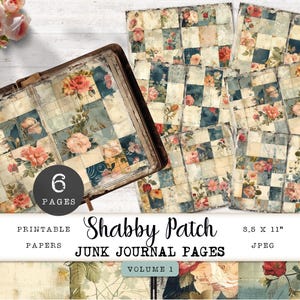 Carta digitale Patchwork Junk Journal, 10 pagine stampabili Cottagecore, foglio collage per trapunte vintage rustiche, carta artigianale 11 x 8,5 JJPPW