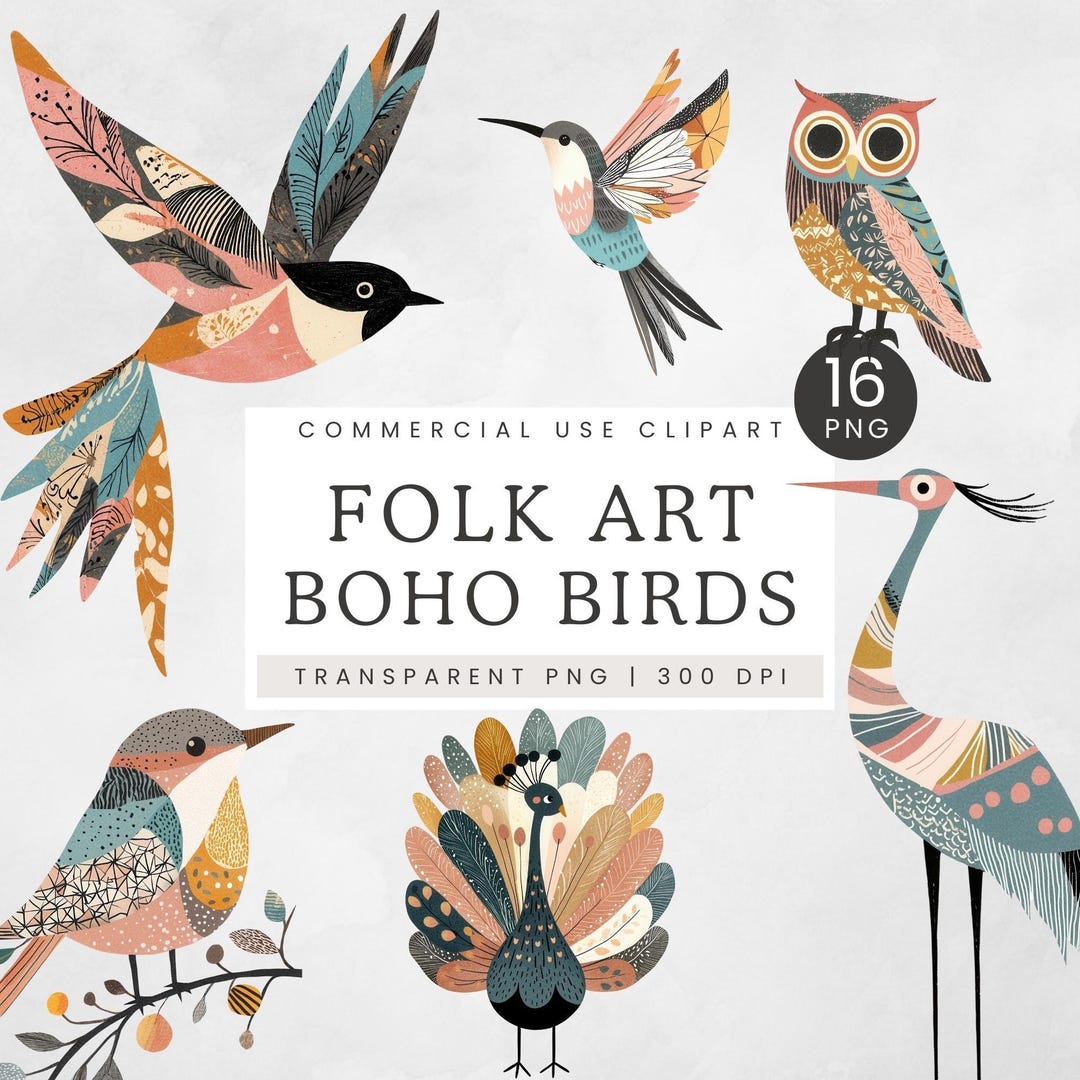 Folk Art Bird Clipart, Boho Birds Clip Art, Nordic Animal PNG ...