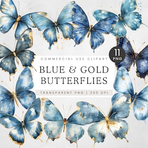 Farfalla blu e oro PNG, Clipart di farfalle blu ad acquerello, Clip art di farfalle dorate, Illustrazione grafica di farfalle metalliche